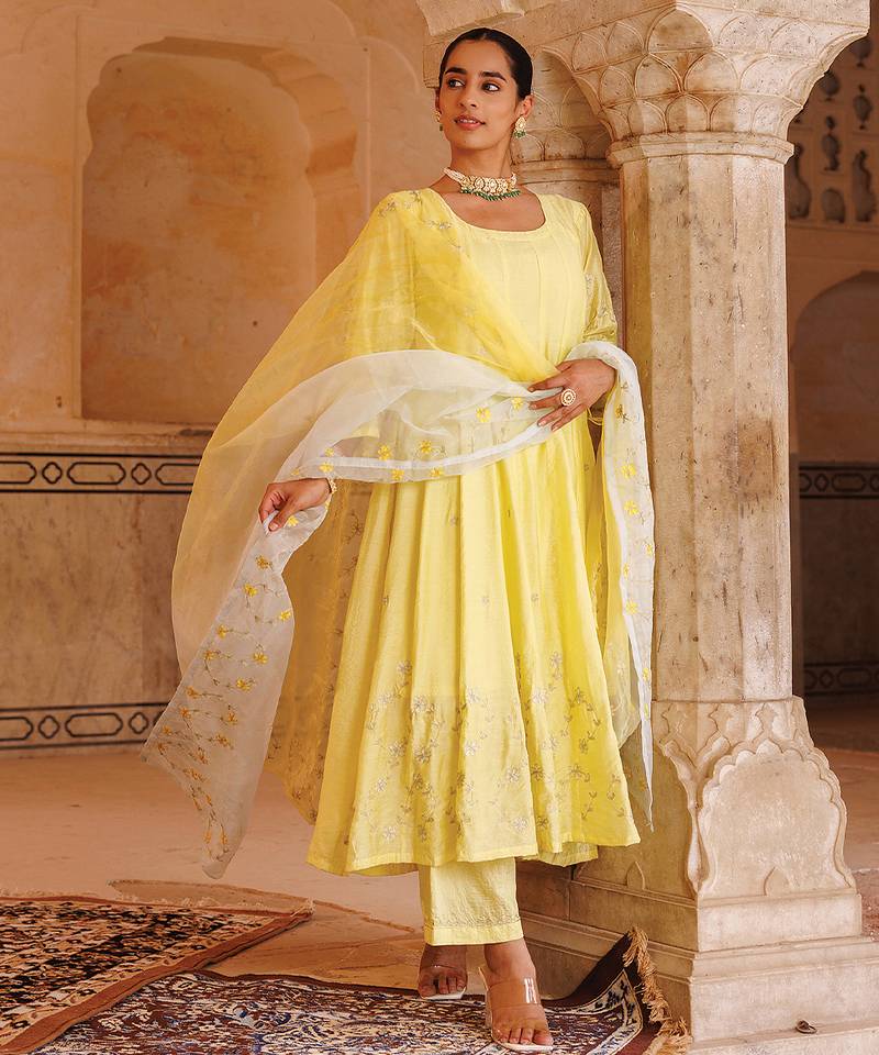 Yellow embroidered chanderi anarkali set