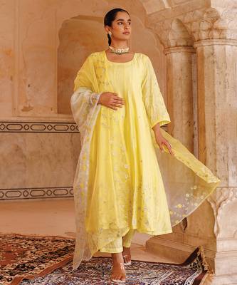 yellow embroidered chanderi anarkali set with dupatta 2