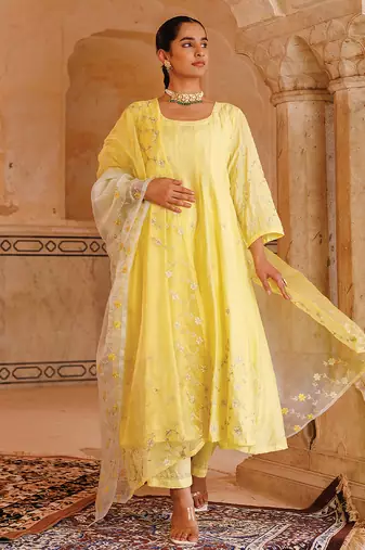 yellow embroidered chanderi anarkali set with dupatta