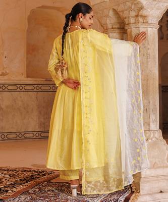 yellow embroidered chanderi anarkali set with dupatta 4