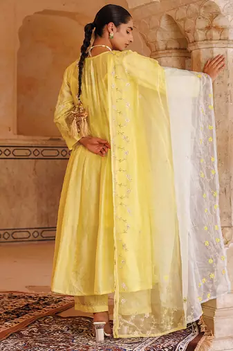 yellow embroidered chanderi anarkali set with dupatta