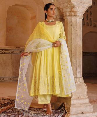 yellow embroidered chanderi anarkali set with dupatta 5