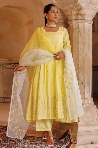 yellow embroidered chanderi anarkali set with dupatta