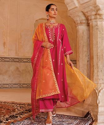 women's magenta embroidered chanderi anarkali suit set 1