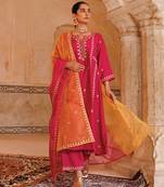 Magenta embroidered chanderi anarkali set with dual shaded dupatta 