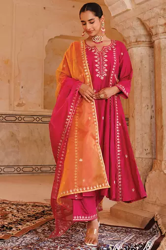 women's magenta embroidered chanderi anarkali suit set