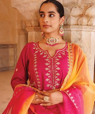 women's magenta embroidered chanderi anarkali suit set 3