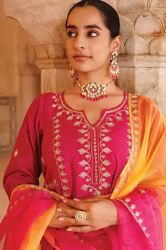 women's magenta embroidered chanderi anarkali suit set