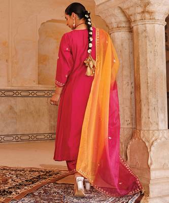 women's magenta embroidered chanderi anarkali suit set 4