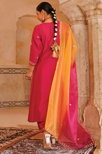 women's magenta embroidered chanderi anarkali suit set