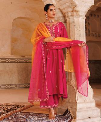 women's magenta embroidered chanderi anarkali suit set 5
