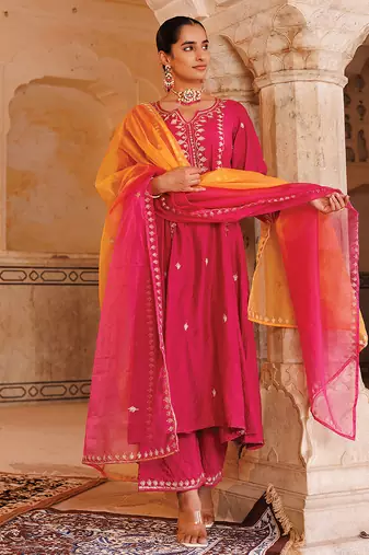 women's magenta embroidered chanderi anarkali suit set