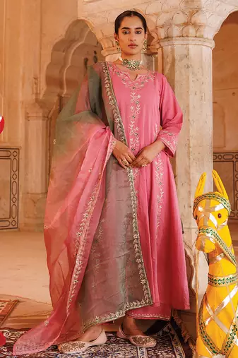  Pink Cotton Anarkali Set With Dual-Shaded Dupatta