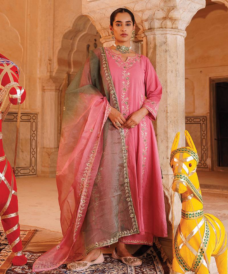  Pink Cotton Anarkali Set With Dual-Shaded Dupatta
