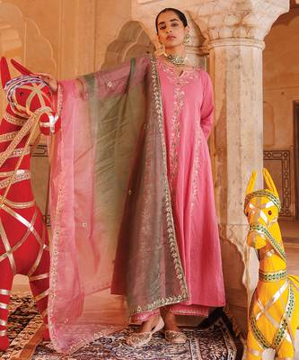 pink cotton anarkali set with dual tone dupatta 2