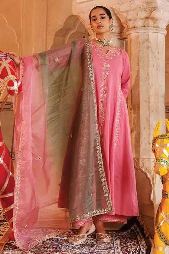 pink cotton anarkali set with dual tone dupatta