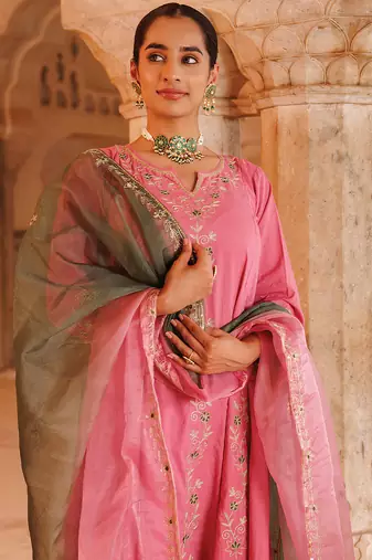 pink cotton anarkali set with dual tone dupatta
