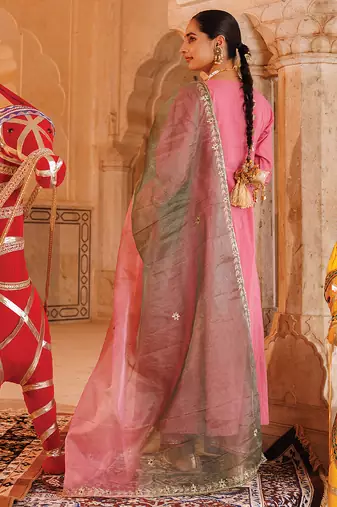 pink cotton anarkali set with dual tone dupatta