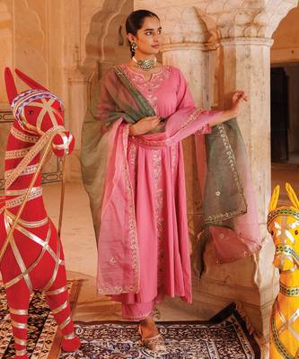 pink cotton anarkali set with dual tone dupatta 5