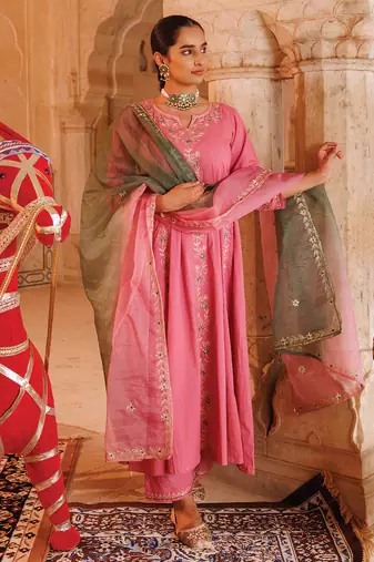 pink cotton anarkali set with dual tone dupatta