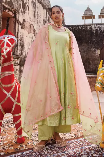 light green embroidered chanderi anarkali set