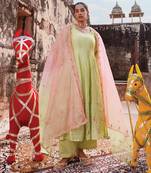 light green embroidered chanderi anarkali set