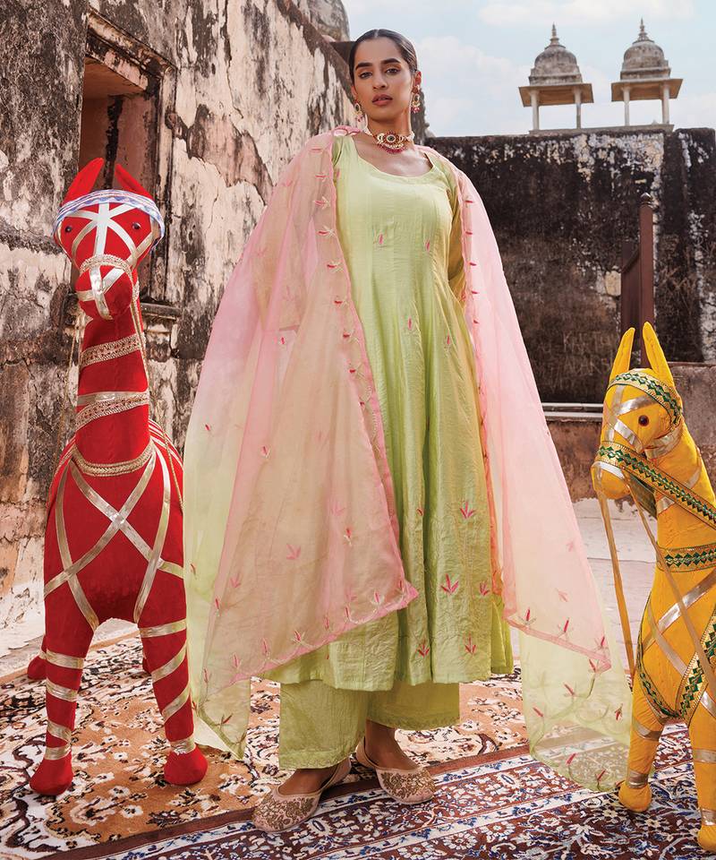 light green embroidered chanderi anarkali set