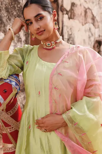 women's light green embroidered chanderi anarkali set