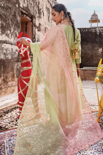women's light green embroidered chanderi anarkali set