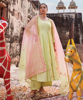 women's light green embroidered chanderi anarkali set 5