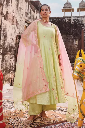 women's light green embroidered chanderi anarkali set
