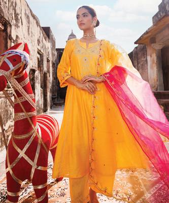 women's yellow chanderi anarkali suit set with embroidery 1