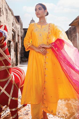 Yellow embroidered chanderi anarkali set