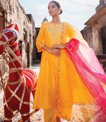 women's yellow chanderi anarkali suit set with embroidery