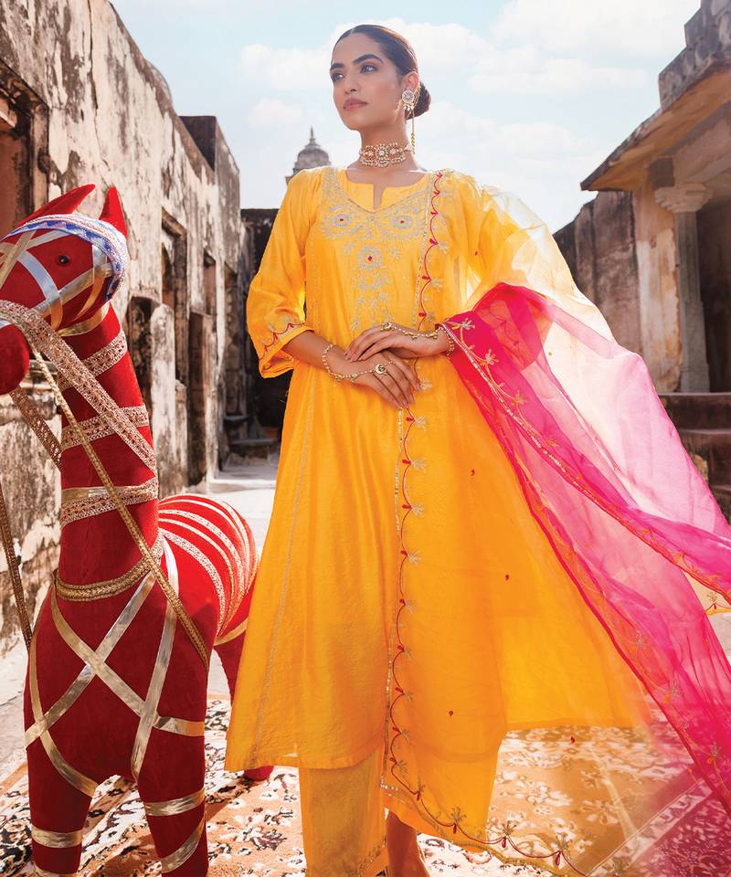 Yellow embroidered chanderi anarkali set