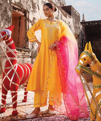 women's yellow chanderi anarkali suit set with embroidery 2
