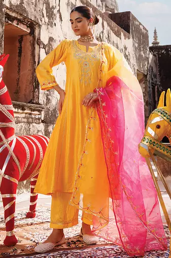 women's yellow chanderi anarkali suit set with embroidery