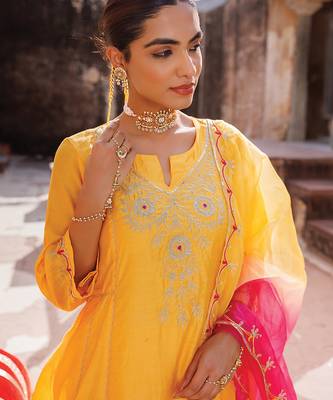 women's yellow chanderi anarkali suit set with embroidery 3