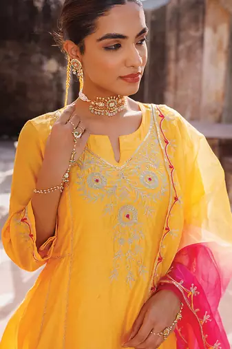 women's yellow chanderi anarkali suit set with embroidery