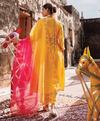 women's yellow chanderi anarkali suit set with embroidery 4