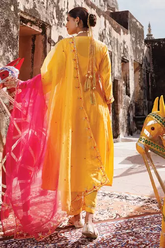 women's yellow chanderi anarkali suit set with embroidery