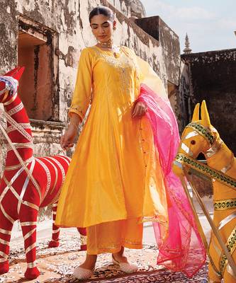 women's yellow chanderi anarkali suit set with embroidery 5