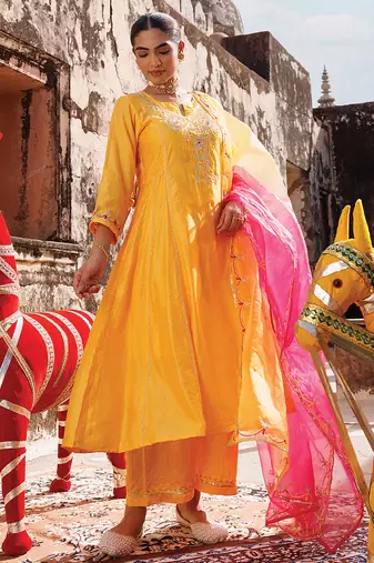 women's yellow chanderi anarkali suit set with embroidery