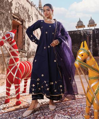 women's blue cotton anarkali set with floral embroidery 1