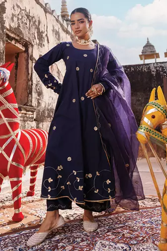 Blue embroidered cotton anarkali set