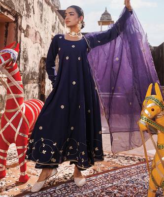 women's blue cotton anarkali set with floral embroidery 2