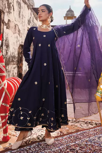 women's blue cotton anarkali set with floral embroidery