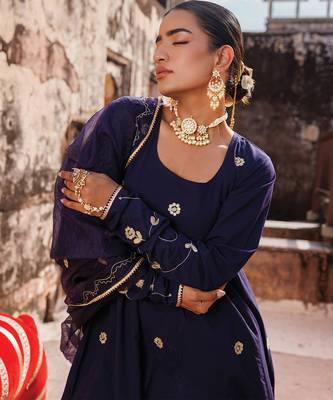 women's blue cotton anarkali set with floral embroidery 3
