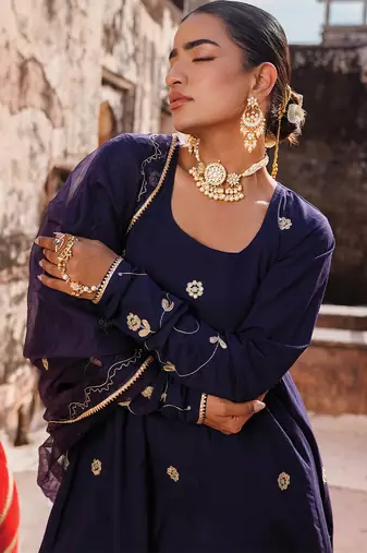 women's blue cotton anarkali set with floral embroidery
