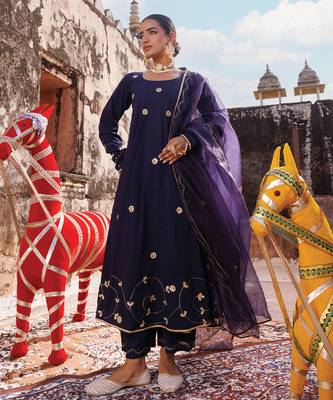 women's blue cotton anarkali set with floral embroidery 5